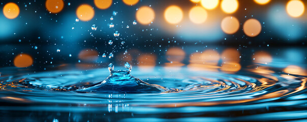 Large drop of liquid water, oil, rain on bokeh background. Macro water drop falling on water closeup. Save clean water, ecology concept Water conservation.