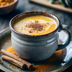 Capture a vibrant turmeric latte in a ceramic mug, with a sprinkle of cinnamon on top