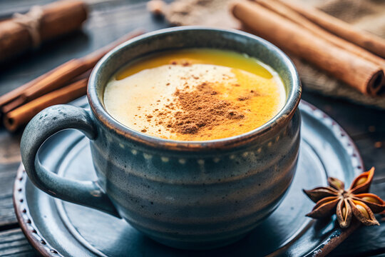 Capture a vibrant turmeric latte in a ceramic mug, with a sprinkle of cinnamon on top