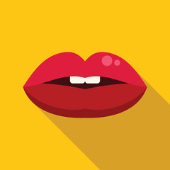 Cartoon drawing of red lips slightly open showing white teeth biting lower lip on yellow background