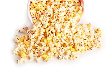 Bucket with tasty popcorn on white background