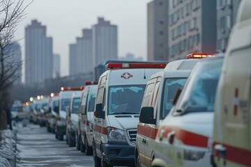 Lines of ambulances wait outside crowded hospitals as medical teams battle to manage a surge of patients during a health emergency. Generative AI