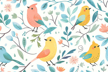 Cute colorful birds on branches, seamless pattern with white background
