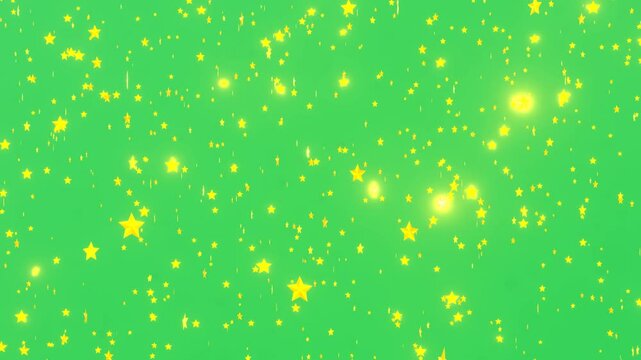 Twinkling and glowing yellow stars are falling like rain on green screen - 3D render