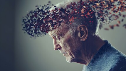 World Alzheimer's Month. Focus on memory decline, dementia, and aging illness in September. Abstract art showing elderly person's struggles
