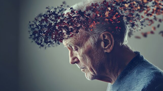 World Alzheimer's Month. Focus on memory decline, dementia, and aging illness in September. Abstract art showing elderly person's struggles