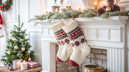 Christmas Stockings and Garland on Fireplace Mantel with Tree in Background