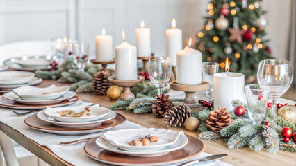 Festive Holiday Table Setting with Candles and Christmas Decorations