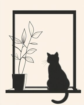 recommend clip art: Minimalist line art illustration of a cat sitting on a windowsill gazing outside