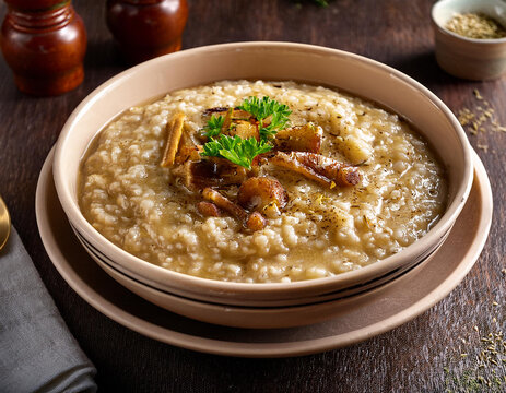 A bowl of harees (savoury porridge). a dish of boiled, cracked, or coarsely-ground cracked wheat or bulgur, mixed with meat and seasoned.