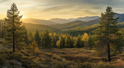 Panoramic photograph of a pine forest in the mountains on a sunset evening, green and yellow colors in the light, autumn in its original form