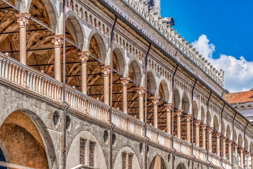 Ragione palace in Padova Italy. Medieval, fresco-filled civic building with a ground floor food...