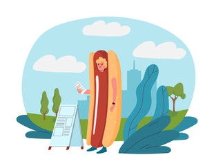 Man distributes advertisements. Young guy in hot dog costume with flyers. Promotion and commerce. Character give booklets with invitation to store. Flat vector illustration isolated on background