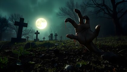 A zombie hand emerging from a grave in a spooky cemetery under a full moon