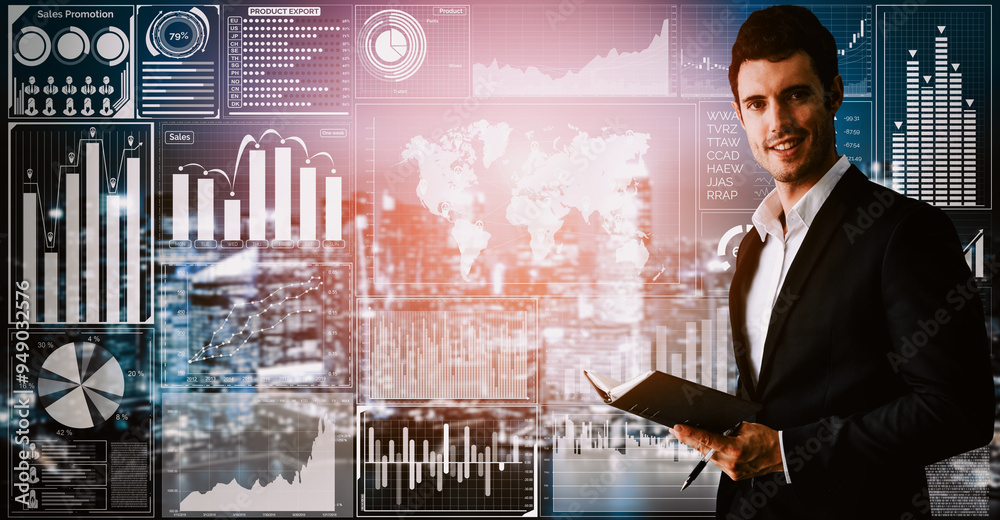 Poster data analysis for business and finance concept. interface showing future computer technology of prof