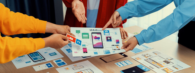 Panorama banner of startup company employee planning on user interface prototype for mobile application or website in office. UX UI designer brainstorm user friendly interface plan. Synergic