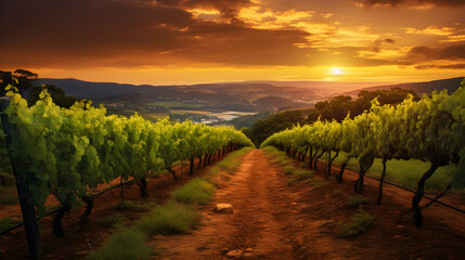 Fototapeta premium Aesthetically Captivating Vineyard: The Majestic Domain of Grapevines Under the Warm Hues of the Setting Sun