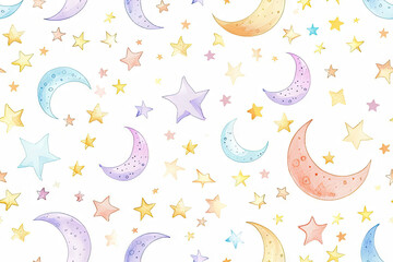 A delicate pattern with moons and stars in pastel shades, creating a cozy atmosphere.