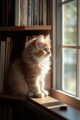 Adorable Fluffy Cat Gazing Out the Window in Cozy Home Setting