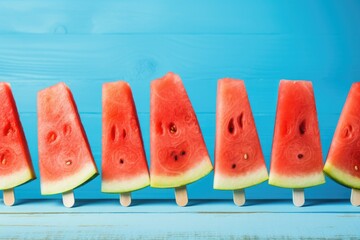 Row of sliced watermelon in wooden stick on old blue texture wooden plank isolated background, refreshing iced frozen fruity for summer season concept