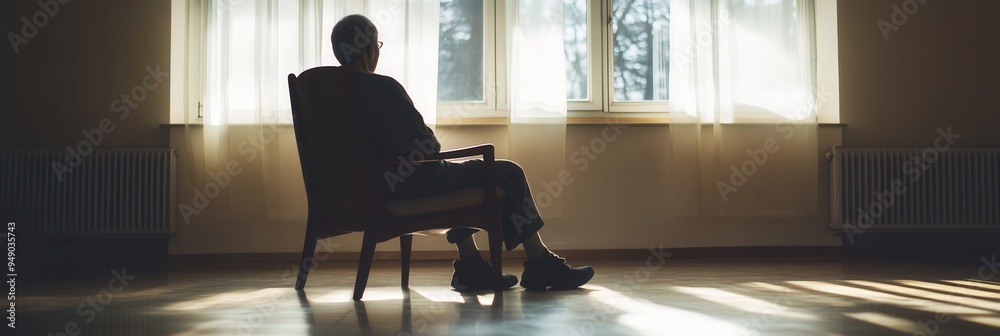 Poster an elderly individual sits in solitude, looking out of a window in a vacant room, reflecting feeling