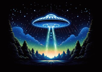 UFO. Alien spaceship among clouds in sky. Extraterrestrial visitors