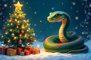 Fototapeta premium Festive scene with a Christmas tree adorned with ornaments and a snake, both set against a snowy backdrop.