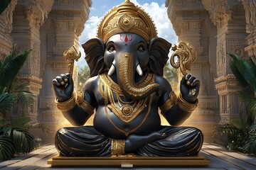 Fototapeta premium Ganesh Chaturthi at a heritage site, depicted in an artwork where an ancient temple becomes the center of the celebrations, with the Ganesha idol placed in a historic setting, blending culture