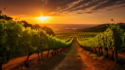Fototapeta premium Aesthetically Captivating Vineyard: The Majestic Domain of Grapevines Under the Warm Hues of the Setting Sun