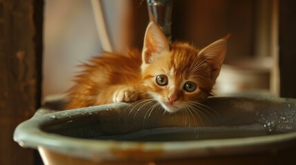 A kitten resting in a large metal basin, its innocent eyes full of curiosity and wonder.
