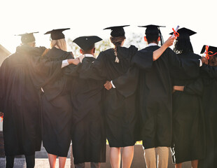 Graduation, hug and back of students with certificate at university for education, opportunity or...