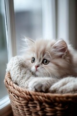 Obraz premium Adorable Persian Kitten Relaxing in Cozy Basket by the Window