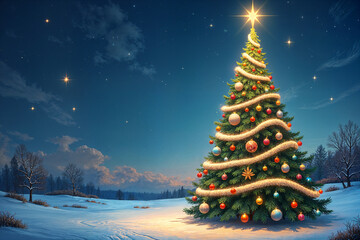 Beautifully decorated Christmas tree standing on a snowy surface, surrounded by a starry night sky and distant trees.