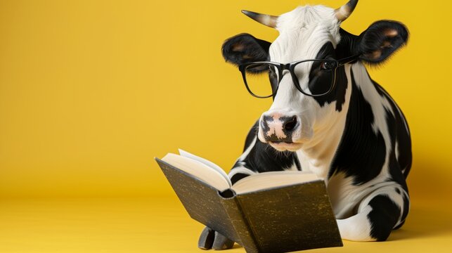 A cow with glasses intently reads a book, adding a humorous touch on education theme, over bright yellow background with copy space