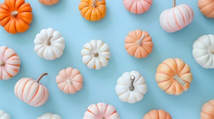 Small orange white and pink pumpkins on pastel blue background