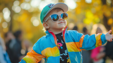 Stylish cheerful little boy in sunglasses enjoys his free time outdoors