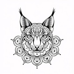 Obraz premium Mystical Lynx Mandala: Intricate ink drawing of a lynx head adorned with ornate mandala patterns, embodying wild spirit and spiritual symbolism. 