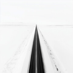Minimalist black and white photography of a simple road in Iceland, with snow on the ground, a white background, and an aerial view.Copy space
