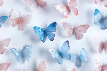 Cute blue and pink butterflies on white background, top view