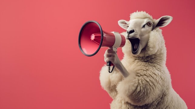 A sheep holds a megaphone and appears to be shouting, creating a funny atmosphere with a bright pink background, big news announcement