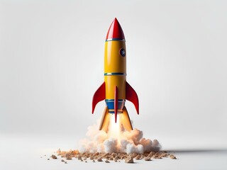 vibrant and colorful rocket model launching with realistic smoke effects, captured in a dynamic studio setting for a playful and imaginative scene