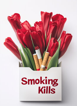 An advertising poster shows an open cigarette pack with a red filter and the words "Smoking Kills" on a white background.