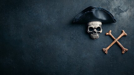 An eerie pirate skull with a black hat and crossed bones against a dark background, perfect for Halloween or pirate-themed designs.