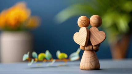 Two wooden figurines holding hearts in a loving embrace, symbolizing love, unity, and connection, with a blurred background.
