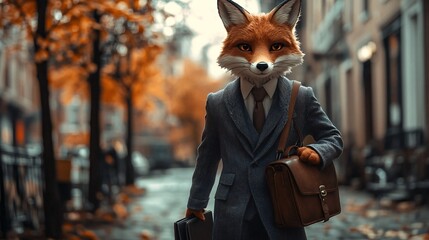 Urban Fox - Elegant anthropomorphic fox in tailored suit strolling through city street with briefcase, blurred cityscape background.