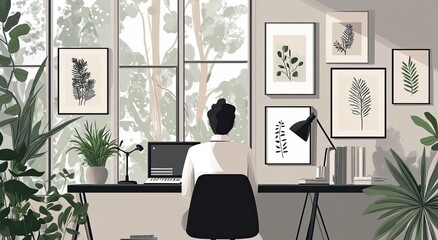 Flat illustration of an office worker sitting at their desk, surrounded by framed art on the wall and plants in pots Generative AI