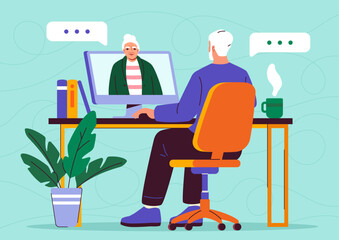 Old people communicate online. Grandmother and grandfather with video conference and call. Elderly couple with remote communication and interaction on internet. Flat vector illustration