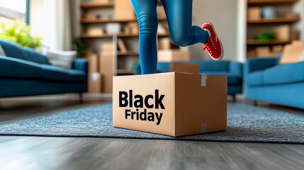 jumping for joy with online shopping package during black friday sales