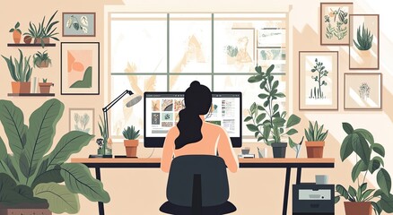 Fototapeta premium Flat illustration of an office worker sitting at her desk, surrounded by framed art on the wall and potted plants on shelves Generative AI
