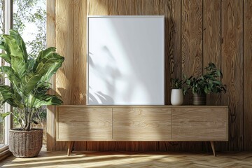 Poster Frame Mockup on Wooden Interior Background created with Generative AI